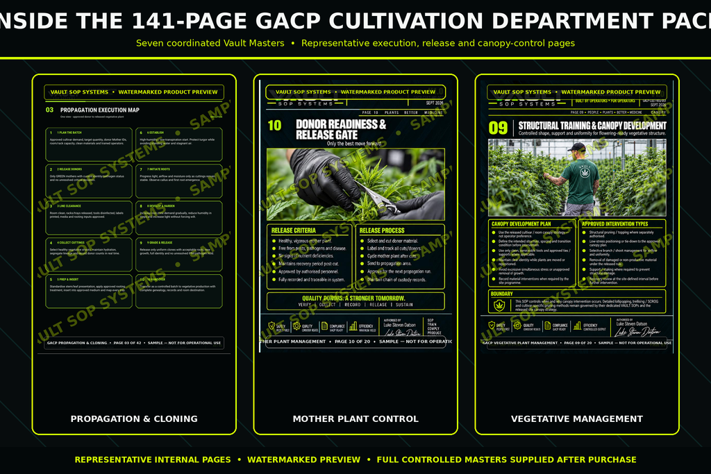 Watermarked internal sample pages from the 141-page GACP Cultivation Department Pack