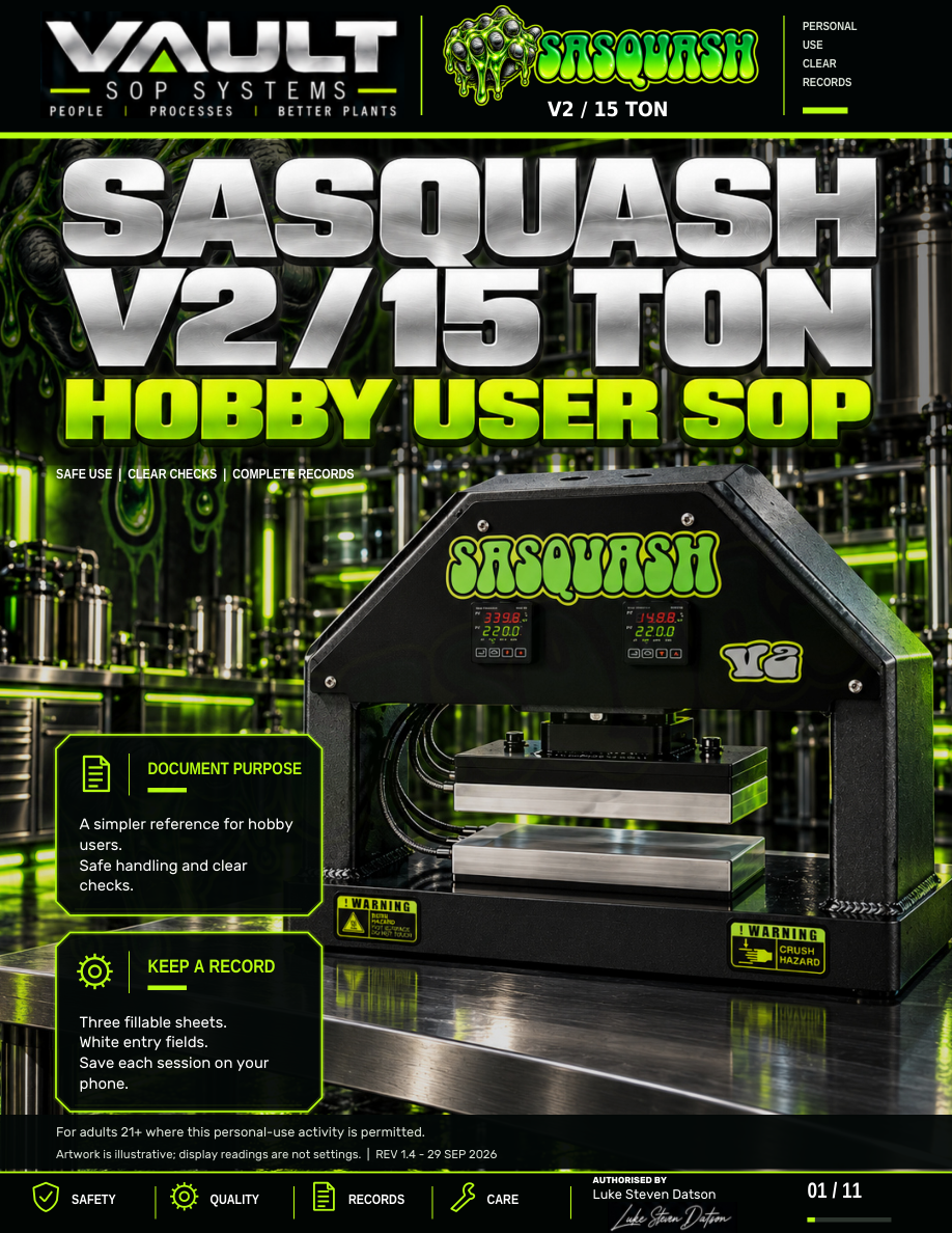VAULT Sasquash V2 15-ton hobby SOP cover with chrome headings, green industrial artwork and fillable record sheets included.