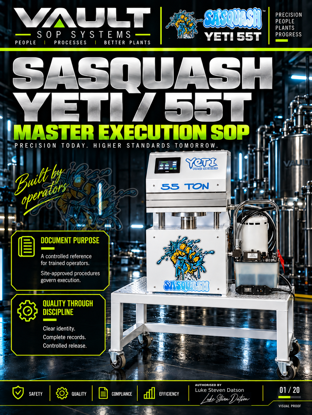 VAULT Sasquash Yeti 55T Master Execution SOP cover, with silver lettering and neon green document panels